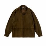 A.PRESSE Suede Leather Loop Collar Shirt in neutral suede, styled over a white tee for a streetwear look