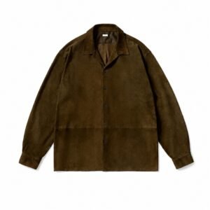 A.PRESSE Suede Leather Loop Collar Shirt in neutral suede, styled over a white tee for a streetwear look