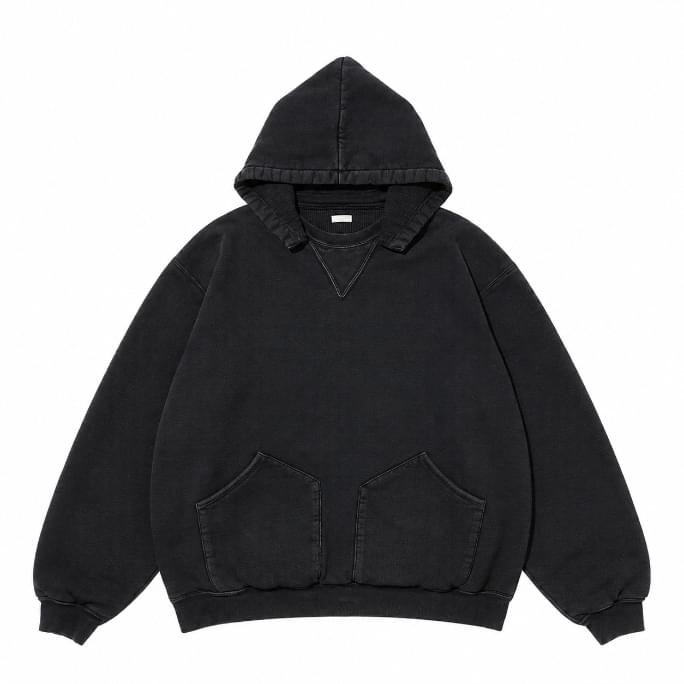 A.PRESSE Attached Hood Sweat Parka Black premium cotton hooded sweatshirt for men with relaxed streetwear fit and attached hood