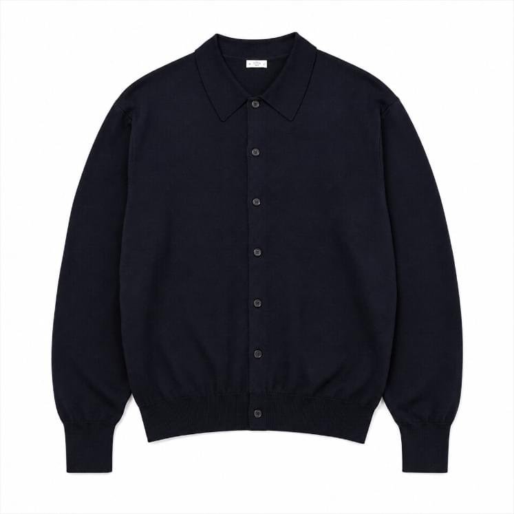 A.PRESSE Polo Collar Cardigan premium men's knit cardigan with polo collar in modern streetwear style, soft breathable fabric, front view.