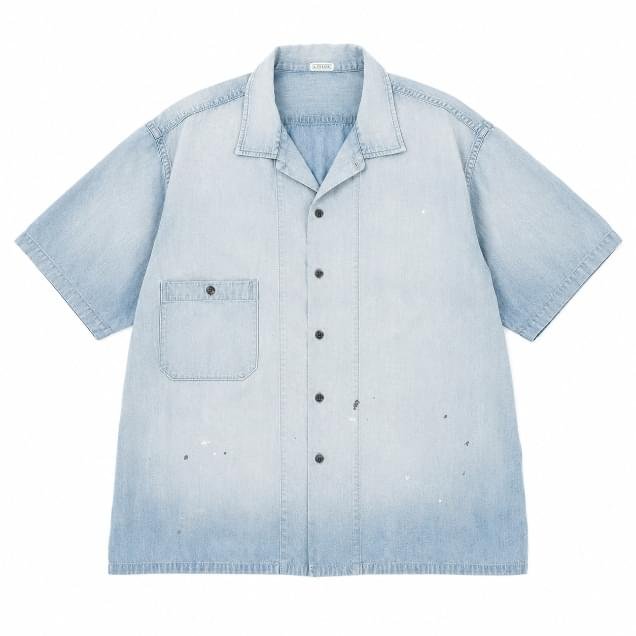 A.PRESSE Vintage Chambray S/S Shirt Bleach men's premium short sleeve chambray shirt with vintage washed finish and relaxed streetwear fit