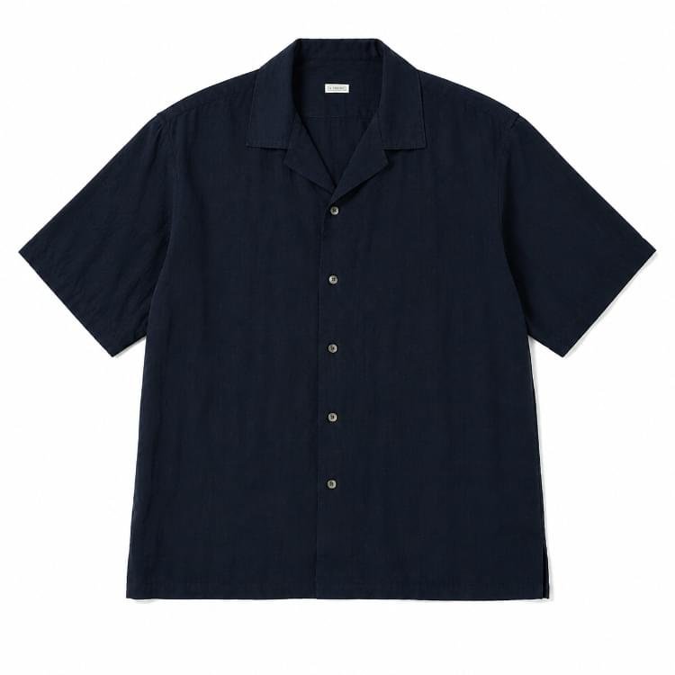 A.PRESSE Vintage Silk S/S Open Collar Shirt premium men's silk short sleeve open collar streetwear shirt in navy blue