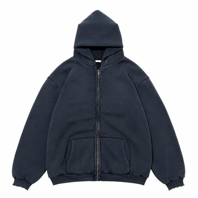 A.PRESSE Vintage US Navy Zip Hoodie in premium navy cotton with full zip closure and vintage-inspired streetwear design for men.