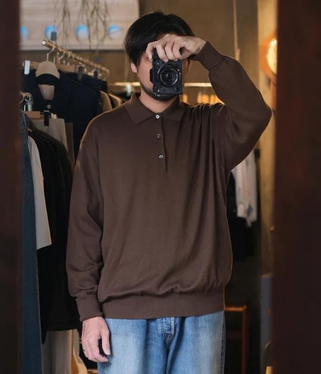 A.PRESSE Cotton Knit LS Polo Shirt Brown 1
