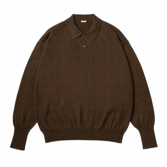 A.PRESSE Cotton Knit L/S Polo Shirt Brown long sleeve men's knit polo on white background
