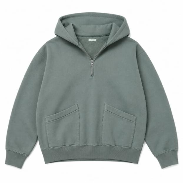 A.PRESSE Half-Zip Hoodie Sage Green premium heavyweight cotton streetwear hoodie for men with relaxed fit and vintage design.