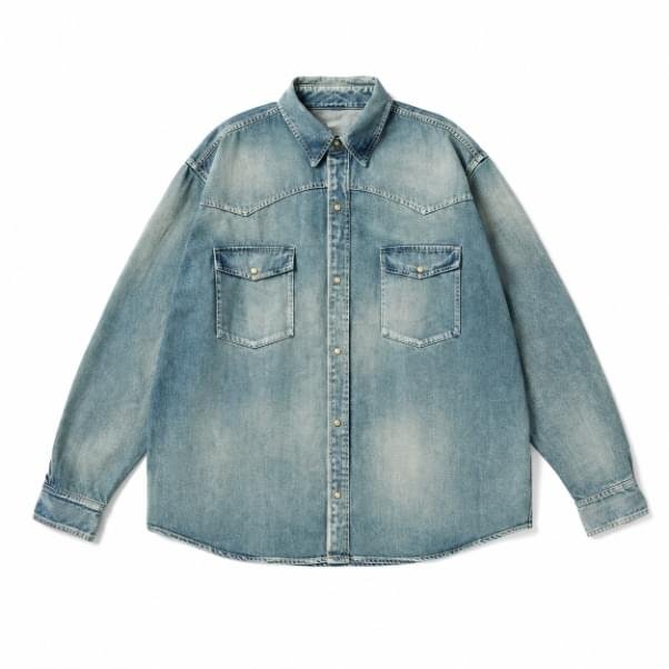 A.PRESSE Vintage Western Denim Shirt in premium vintage-inspired denim for men's USA streetwear