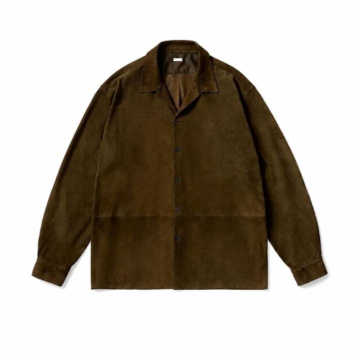 A.PRESSE Suede Leather Loop Collar Shirt in neutral suede, styled over a white tee for a streetwear look
